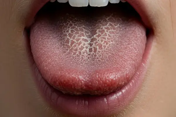 Lengua blanxa con un patrón agrietado, mostrando la textura y los labios rosados.